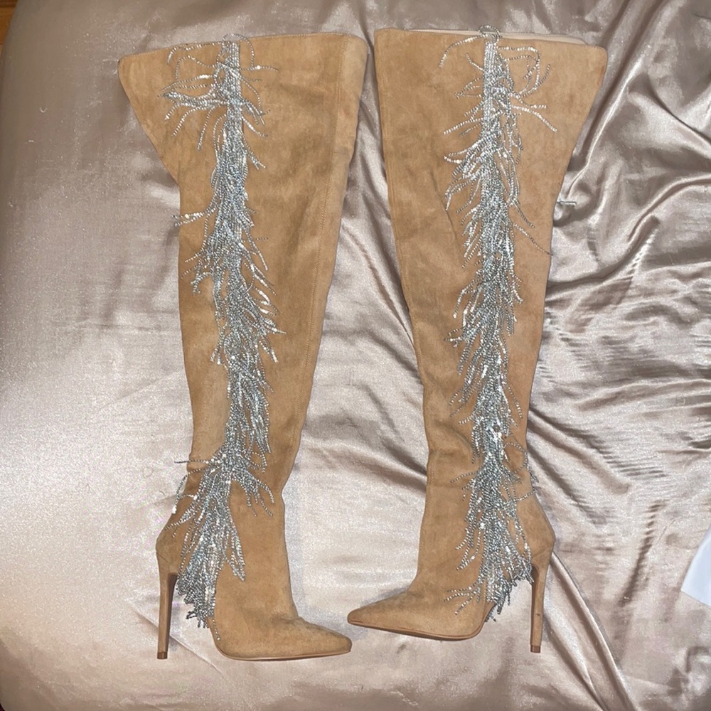 Thigh high tan flowy rhinestone 4 inch heel boots